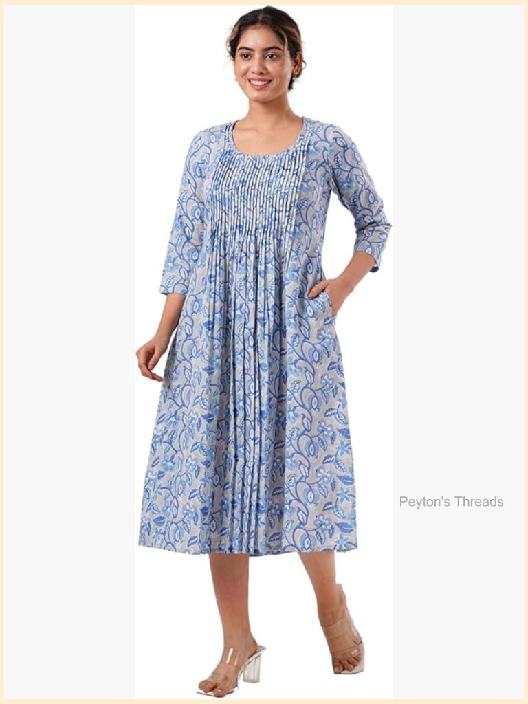 Hand Block Printed A-Line Cotton Dress With Ruffle Sleeves